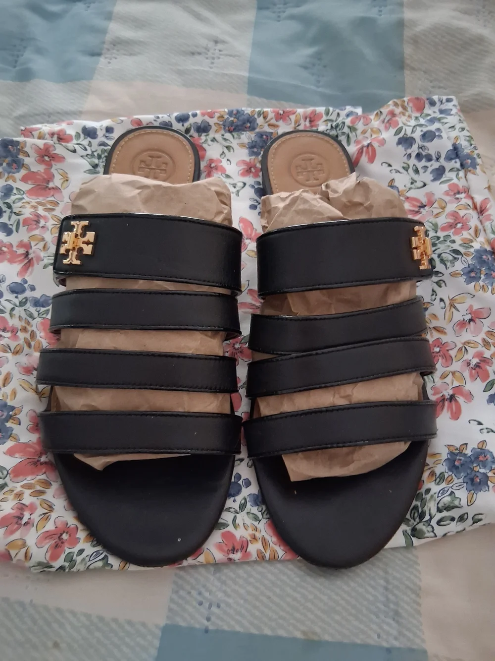 Tory Burch Black Multi-Strap Slide Sandals with Gold Emblem